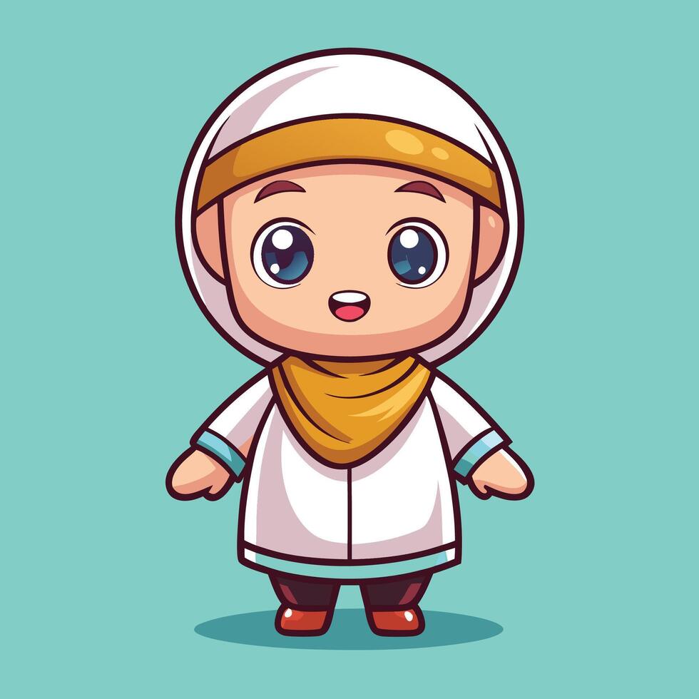 cartoon muslim boy in white clothes and a yellow scarf white background vector