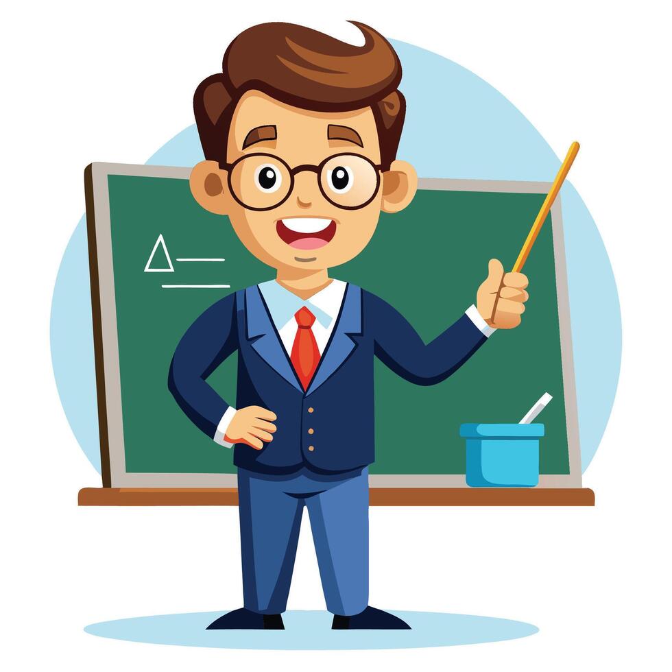 a cartoon teacher with a pointer and a chalkboard white background vector