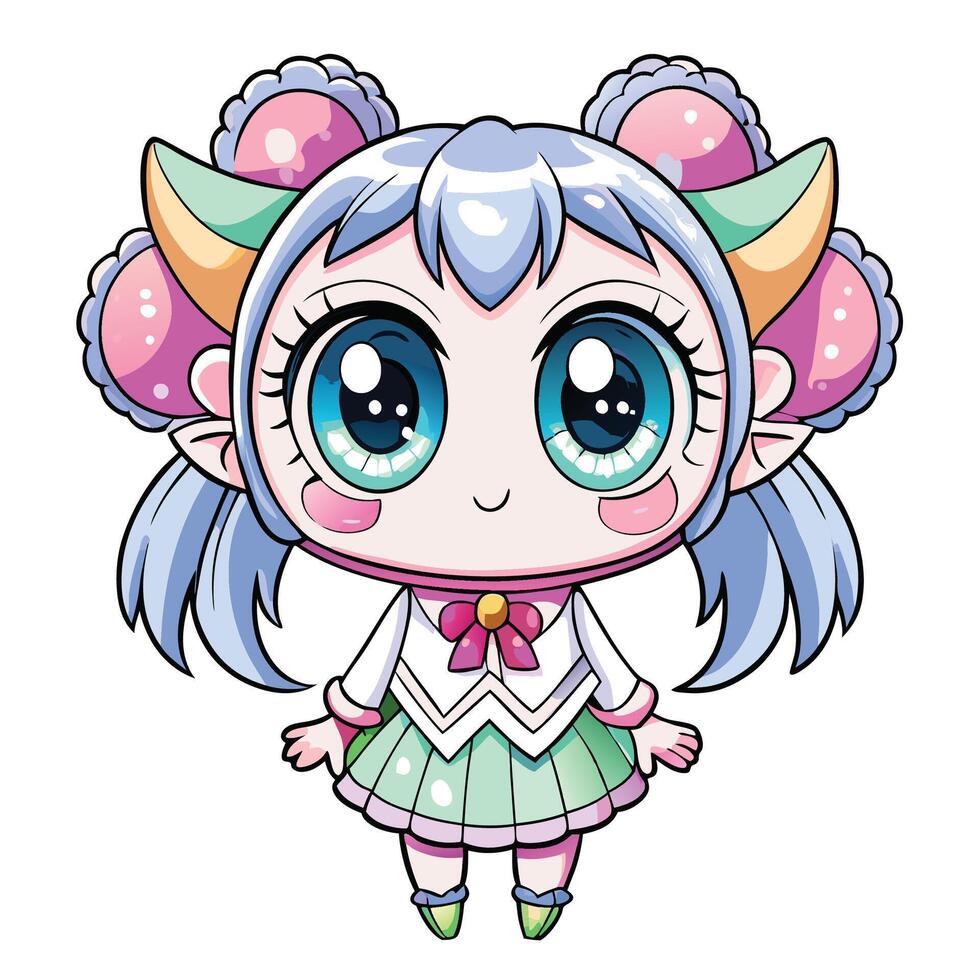 a cartoon girl with blue hair and horns white background vector