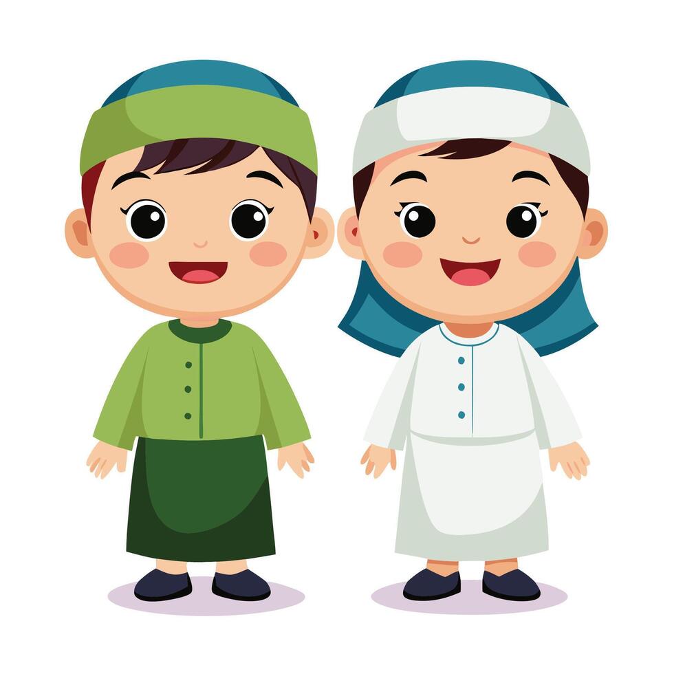 two children in traditional clothing, one wearing a green hat and the other wearing a white hat vector
