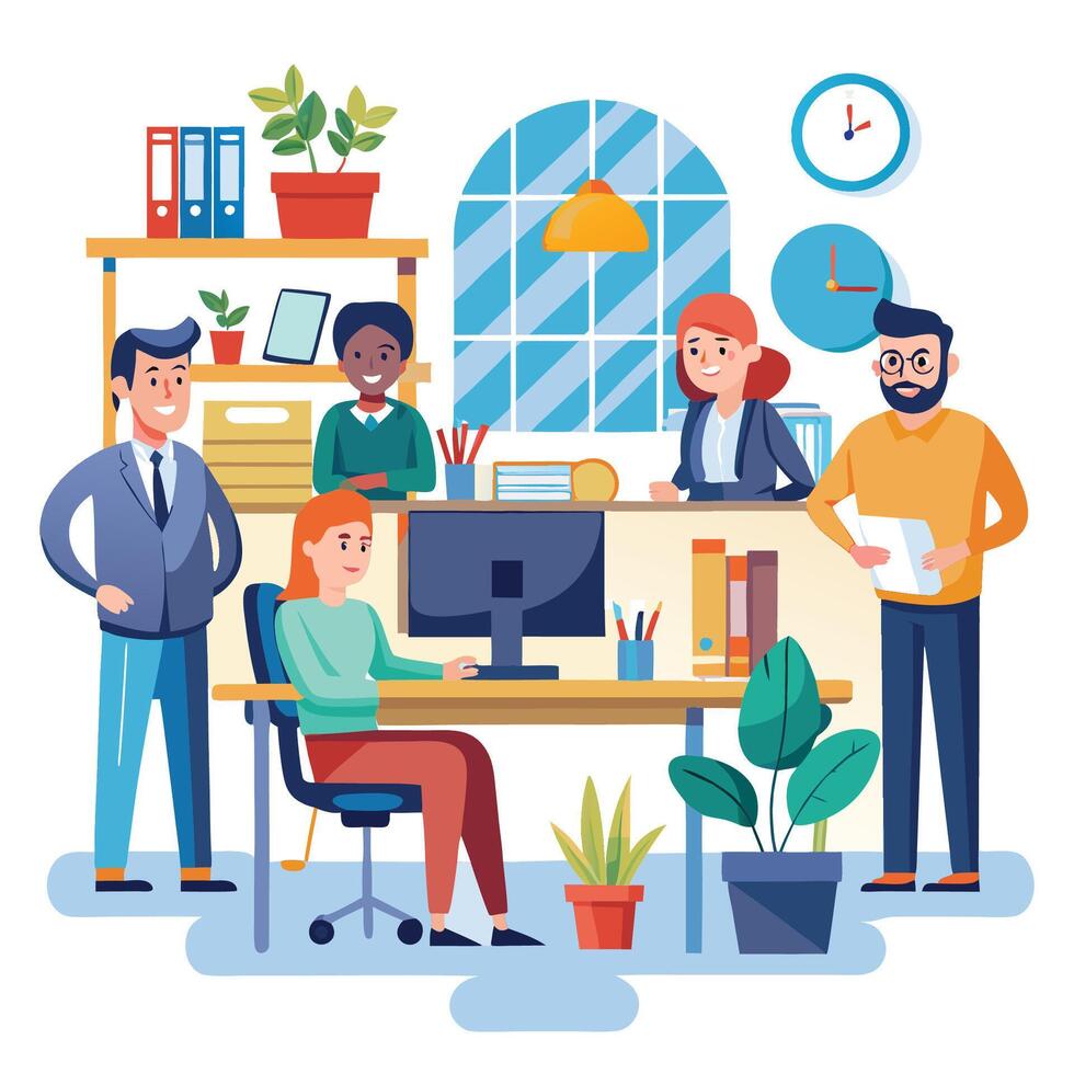 people working in an office with a computer and plants white background vector