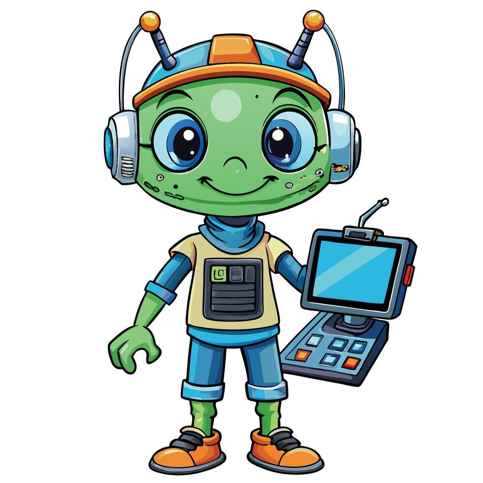 cartoon alien holding a laptop and headphones white background vector