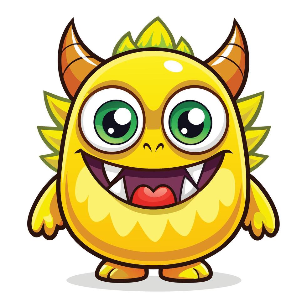 cartoon yellow monster with horns and big eyes white background vector
