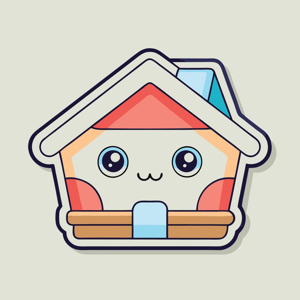 a sticker of a house with a face and eyes white background vector