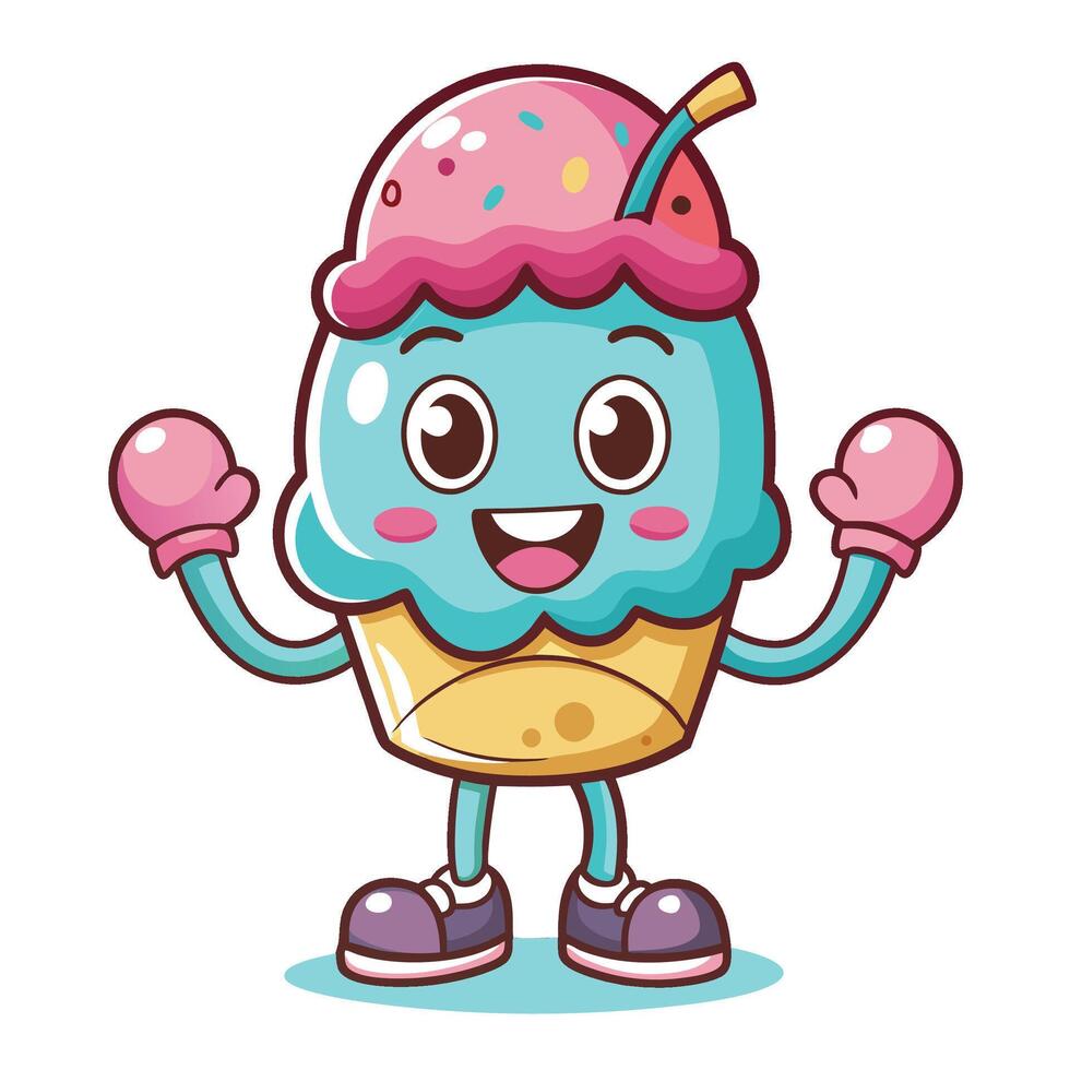 ice cream cartoon character with arms up and legs crossed white background vector