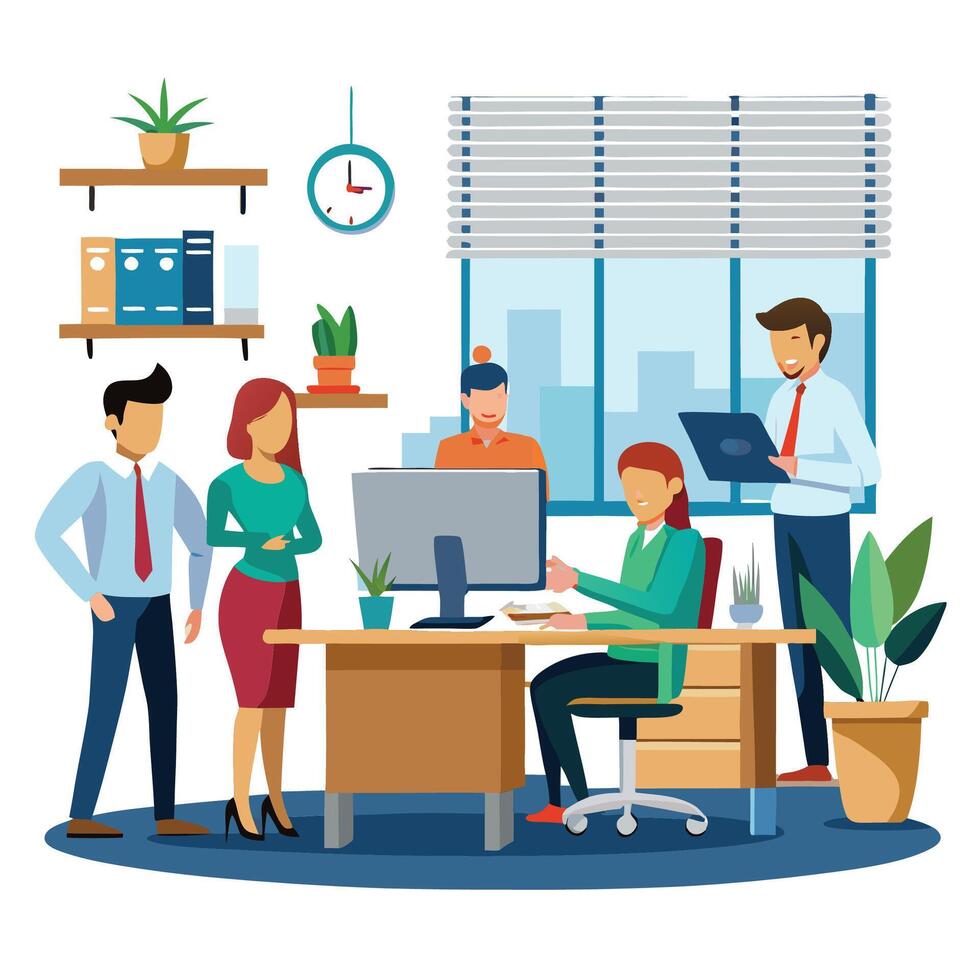 people working in an office with a computer and a clock white background vector
