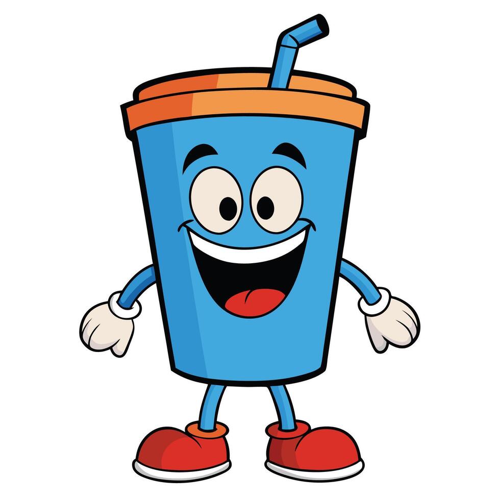 a cartoon blue drink cup with a smile and arms white background vector