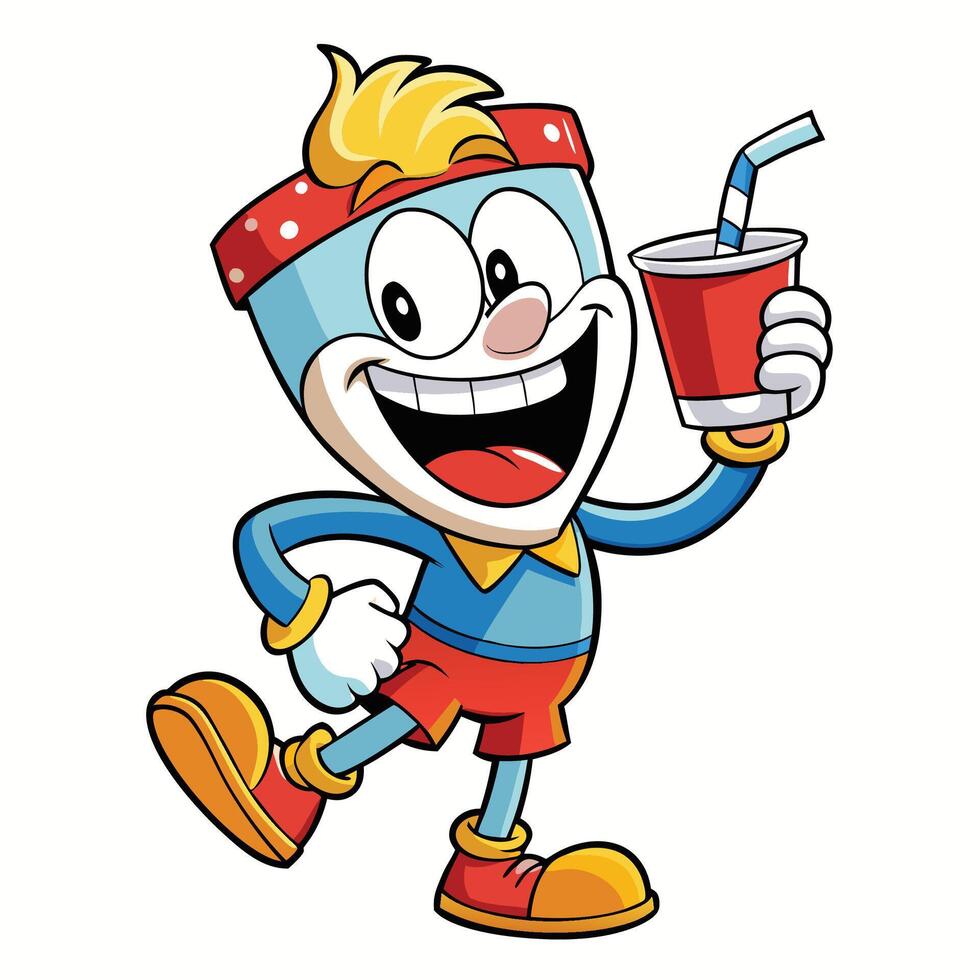 cartoon character holding a drink and smiling white background vector