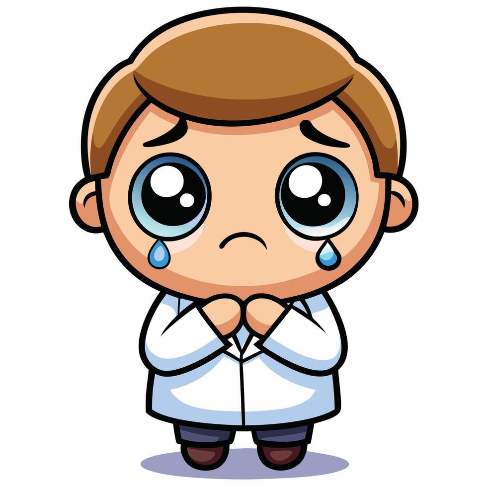 a cartoon scientist crying with his hands folded white background vector
