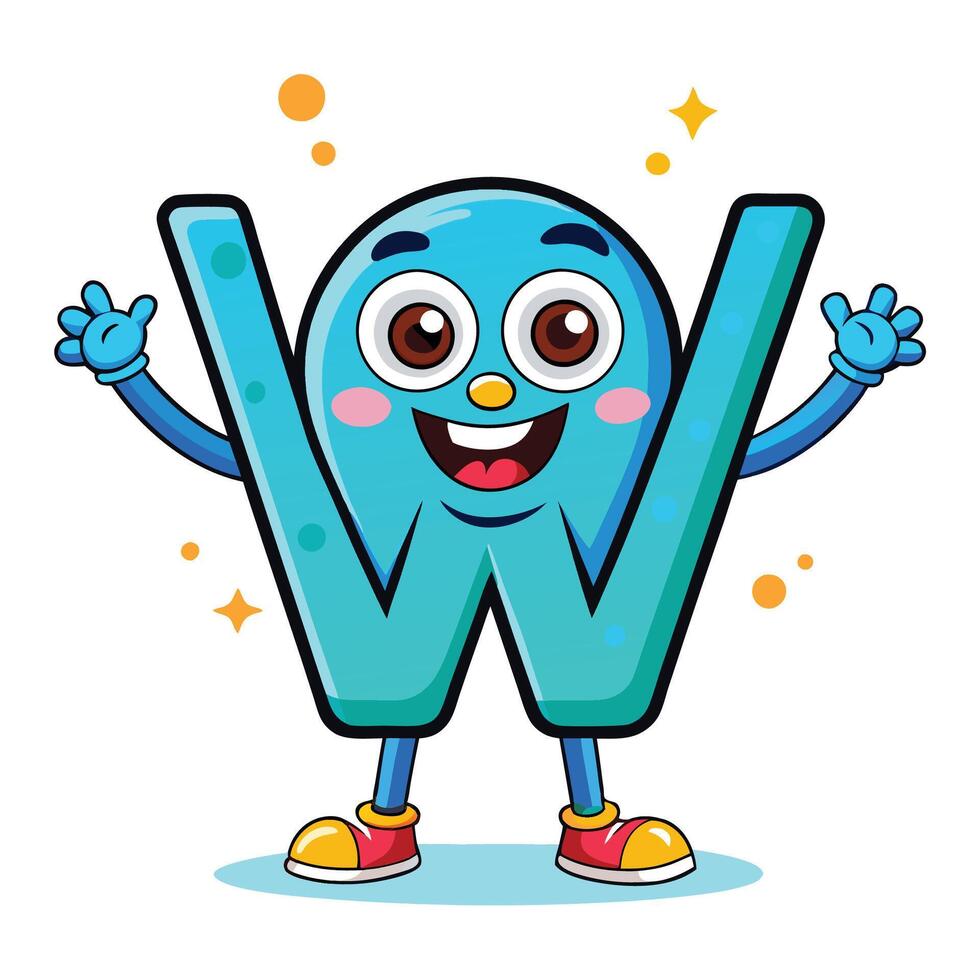 cartoon letter w with arms up and smiling white background vector