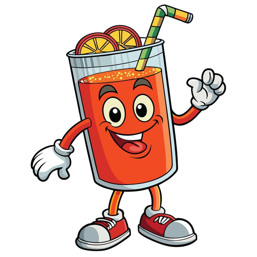 a cartoon orange juice drink character holding a straw white background vector