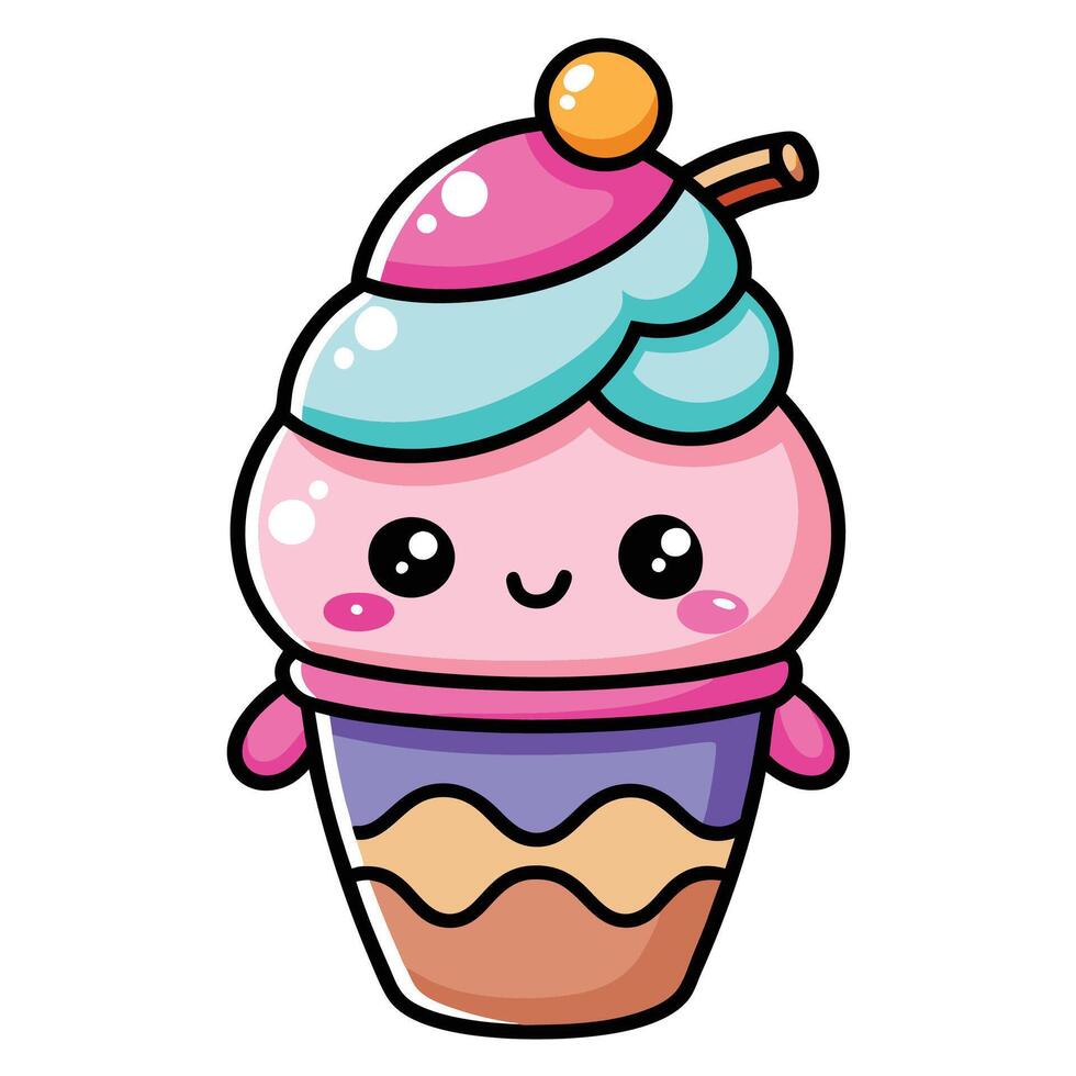 a cartoon ice cream cup with a pink and blue face white background vector