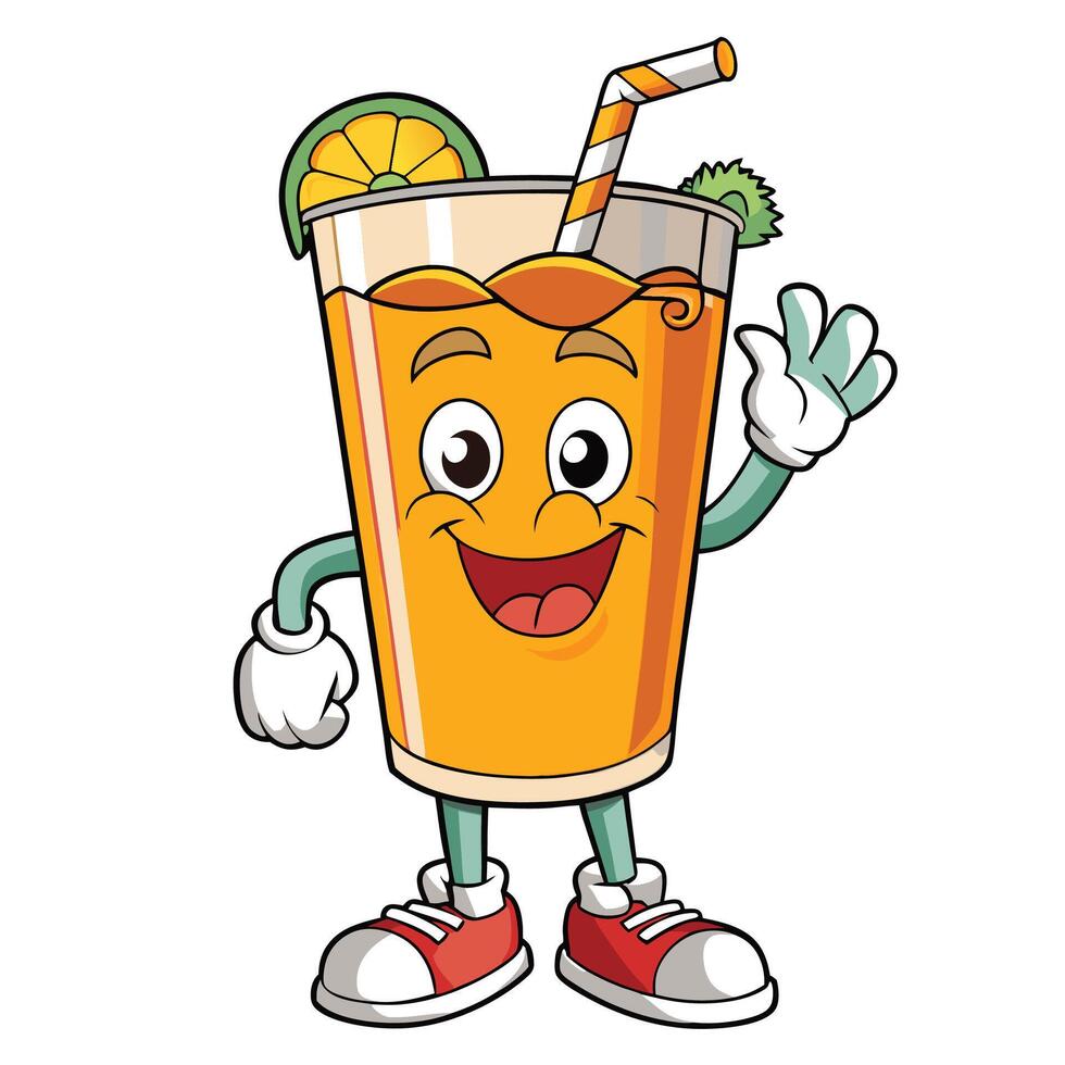orange juice cartoon character waving white background vector