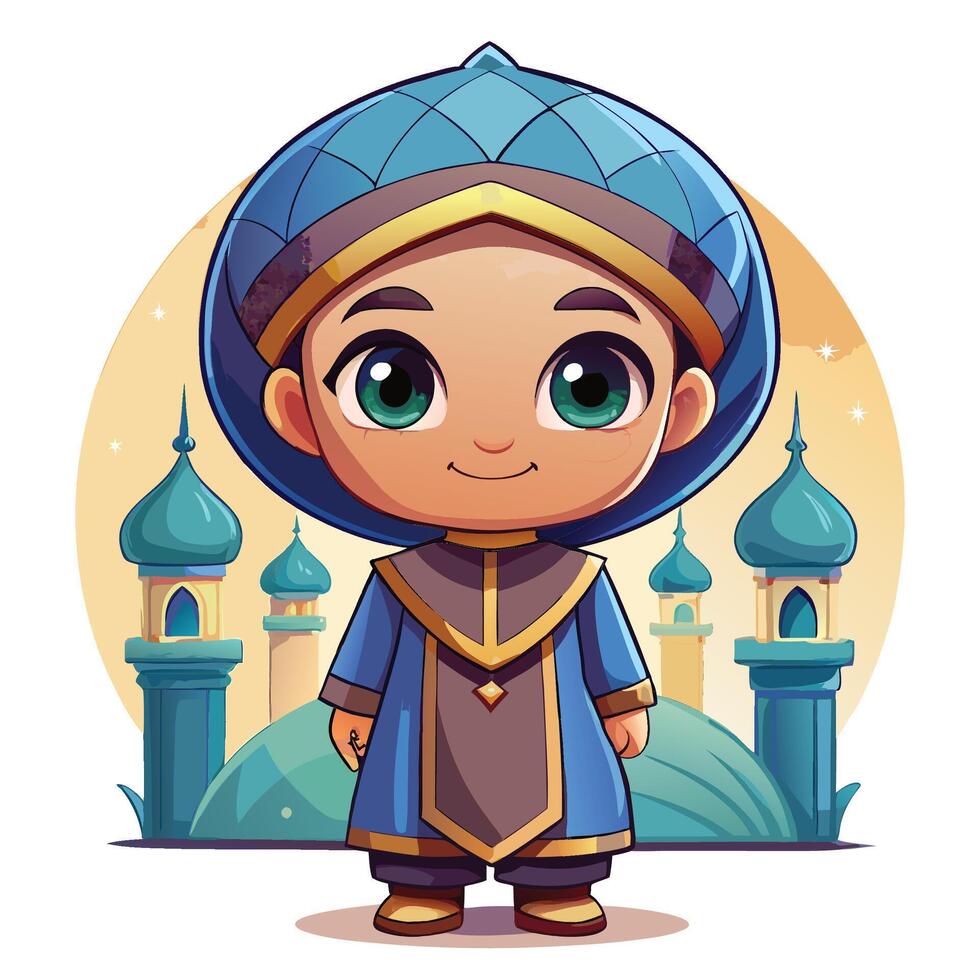 cartoon muslim boy in blue robe and hat white background vector