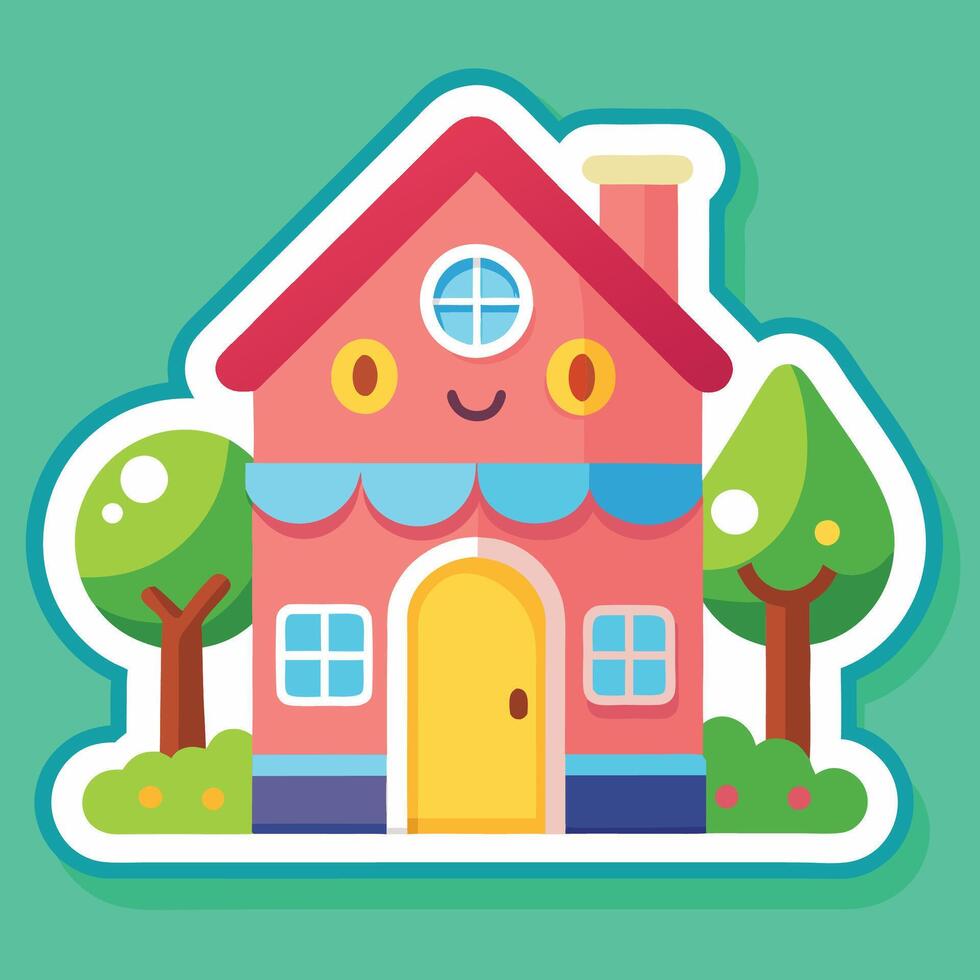 a sticker of a house with trees and trees white background vector
