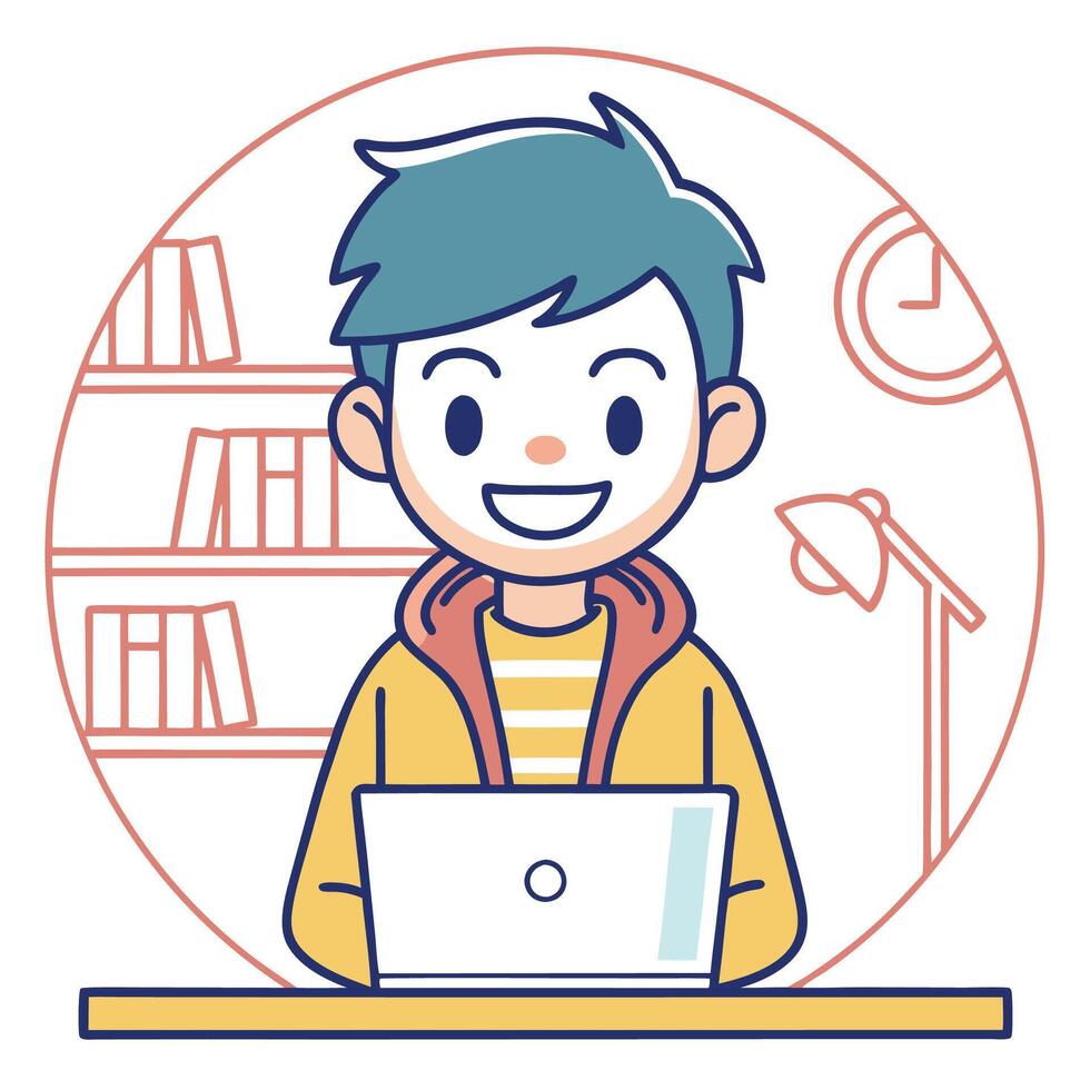 a man sitting at a desk with a laptop white background vector
