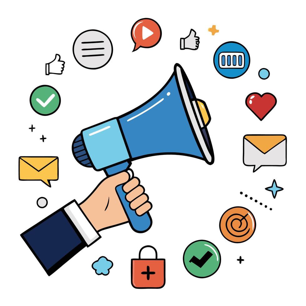 hand holding megaphone social icons around it white background vector