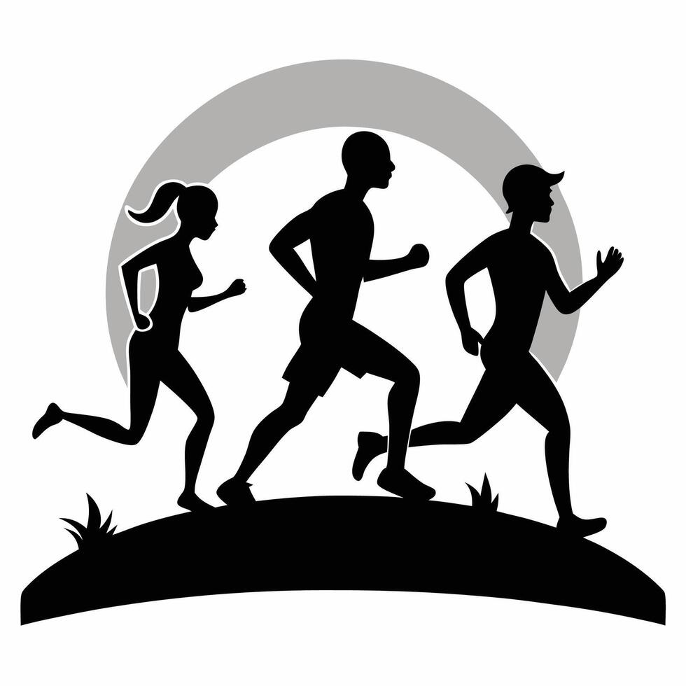 silhouette of three people running in the park white background vector