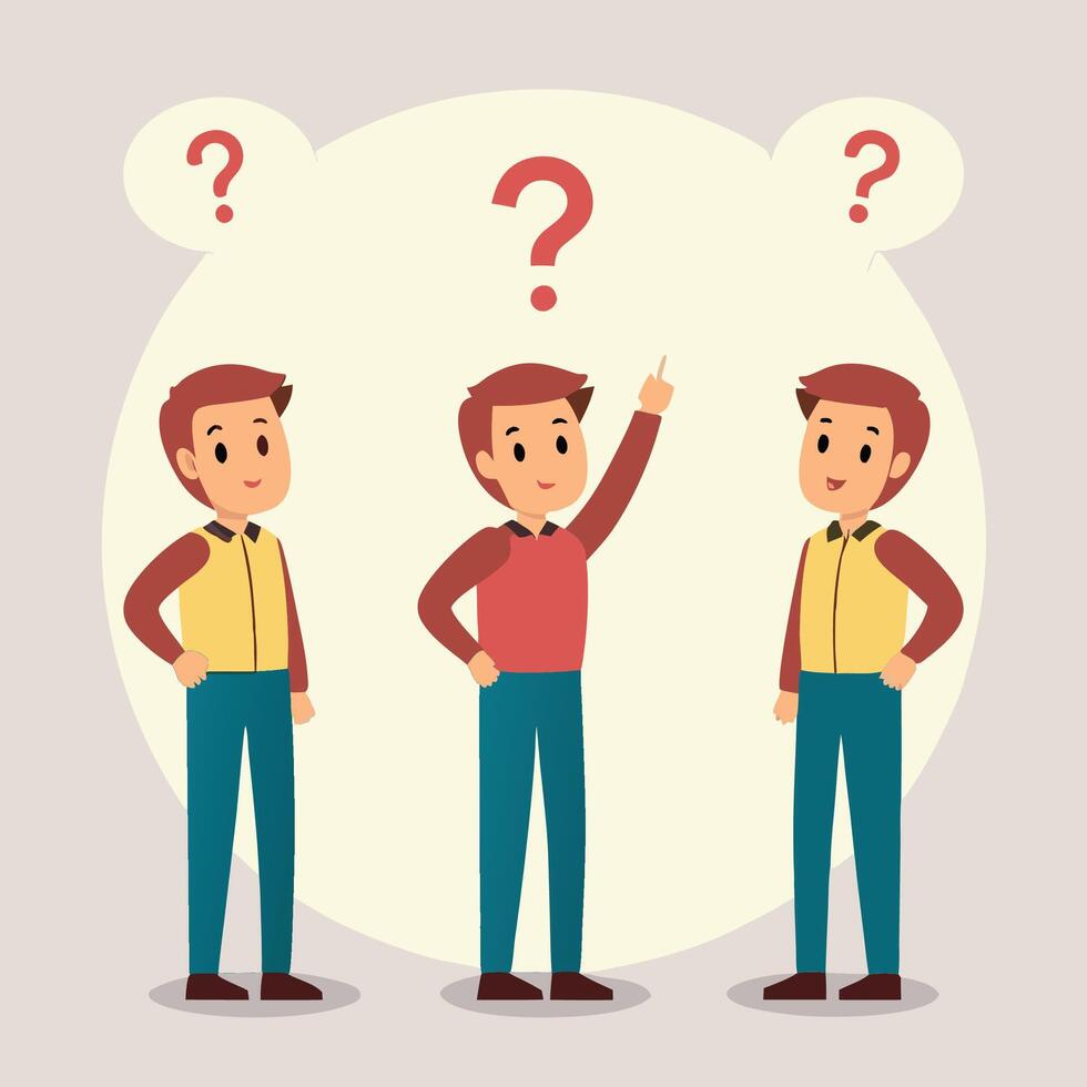 three men are standing in front of a question mark white background vector