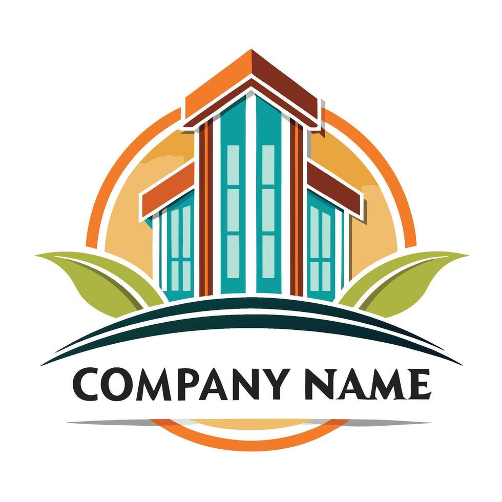 a house logo with a green leaf and a house white background vector