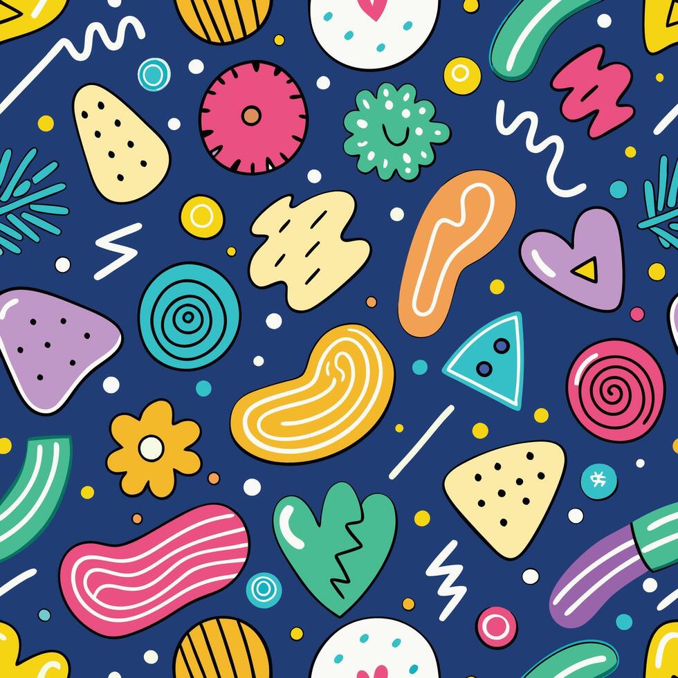 seamless pattern with colorful doodles and shapes white background vector