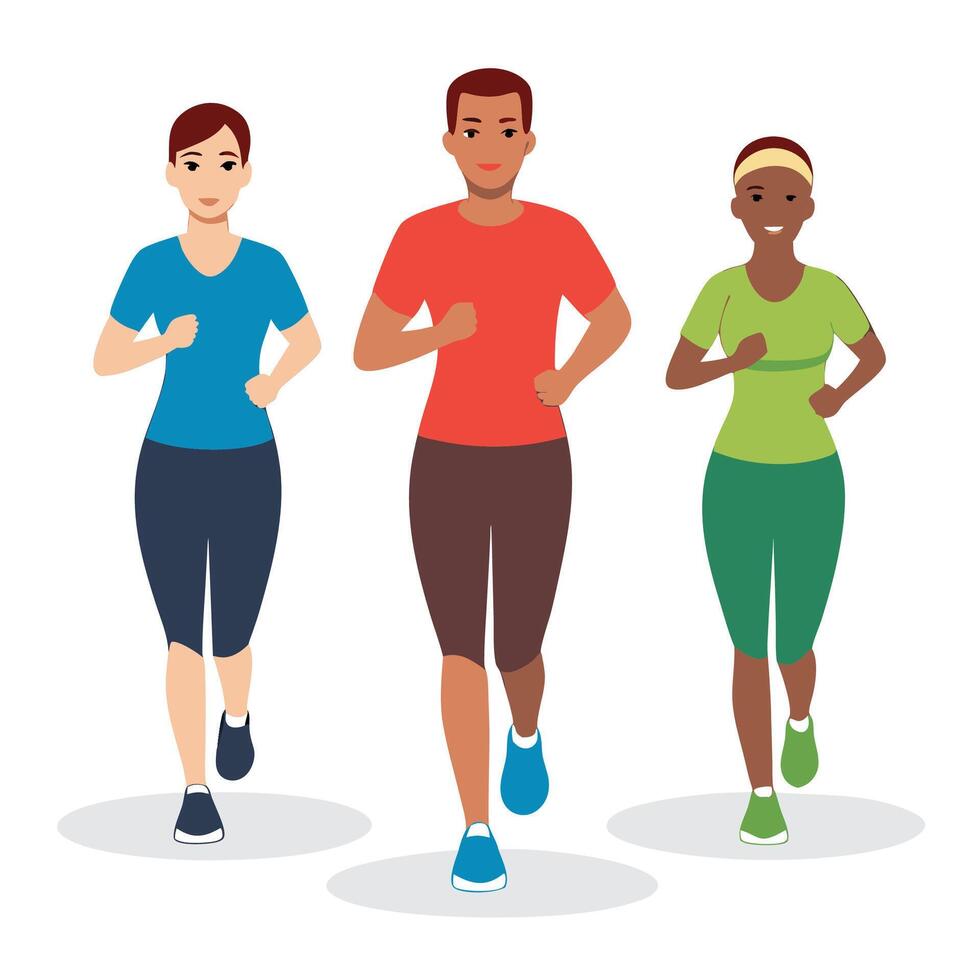 three people running in different colors white background vector