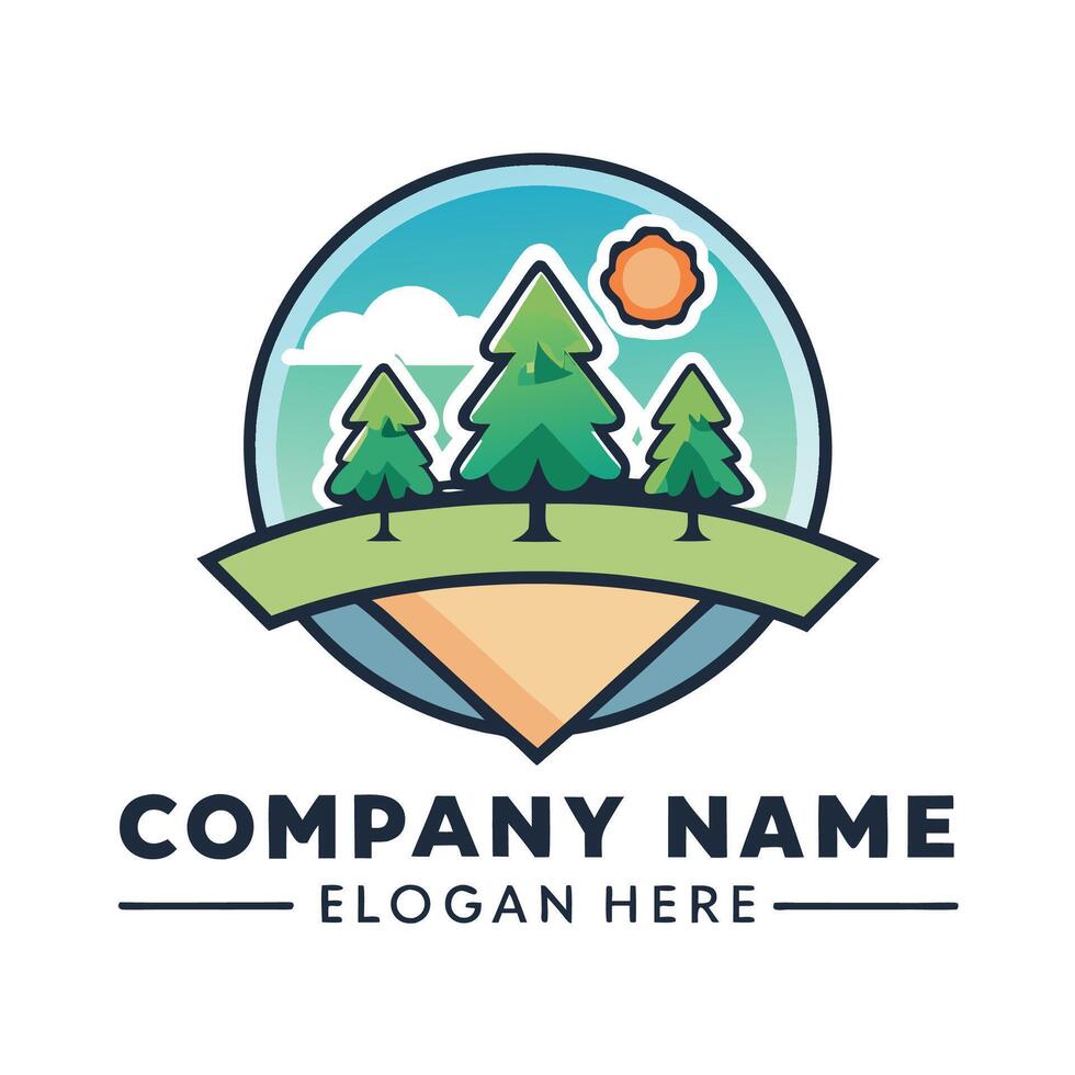 a logo for a company with trees and sun white background vector