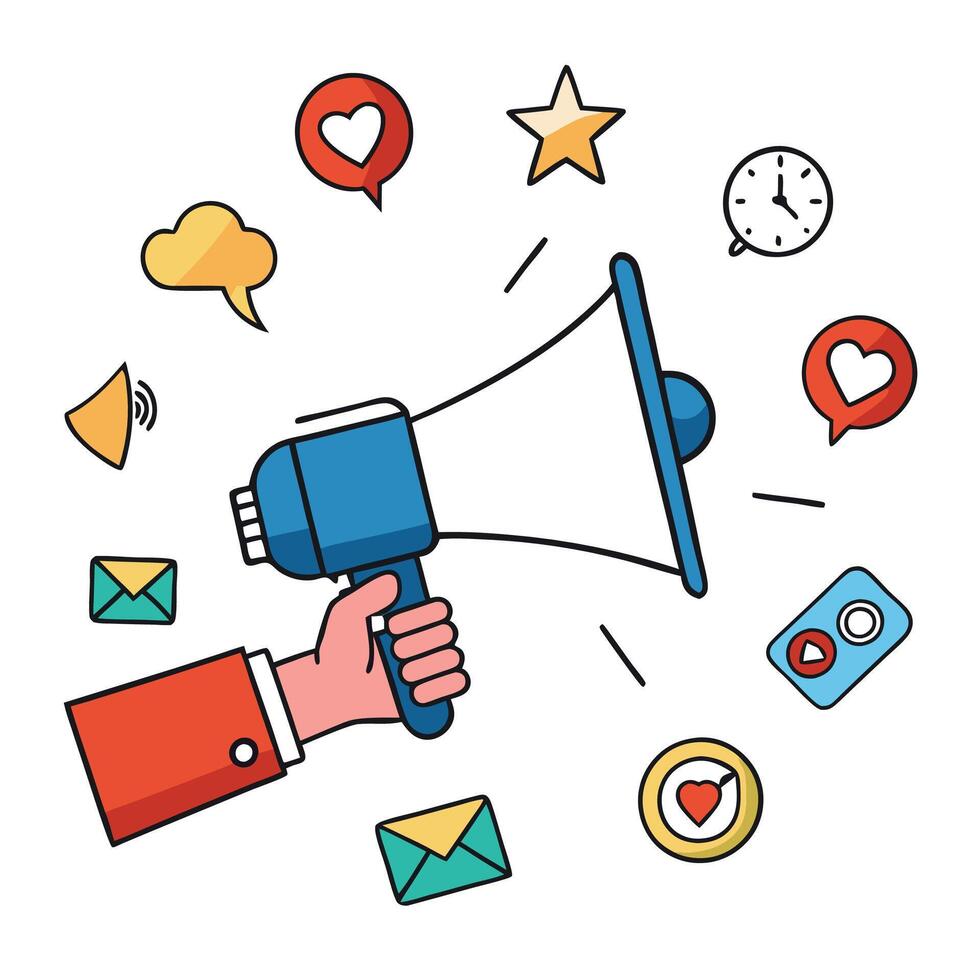 a hand holding a megaphone with social icons around it white background vector