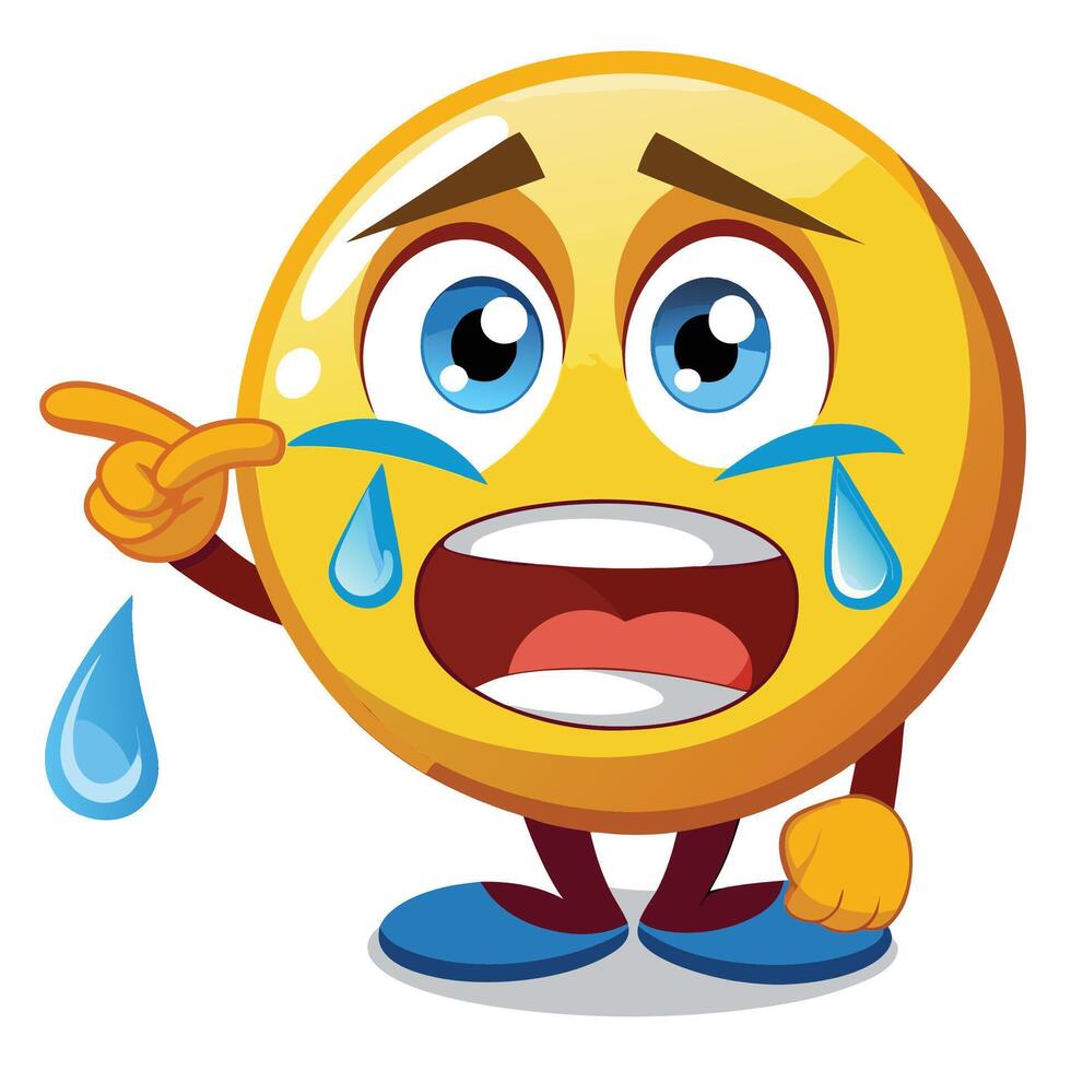 emoticon crying cartoon character with sad face and pointin white backgroundg finger vector