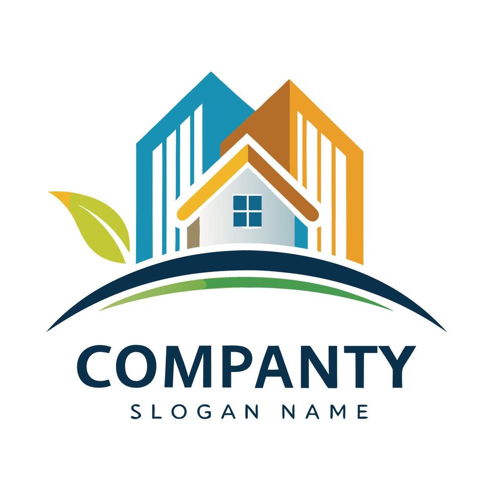 a house logo with a leaf and a tree white background vector