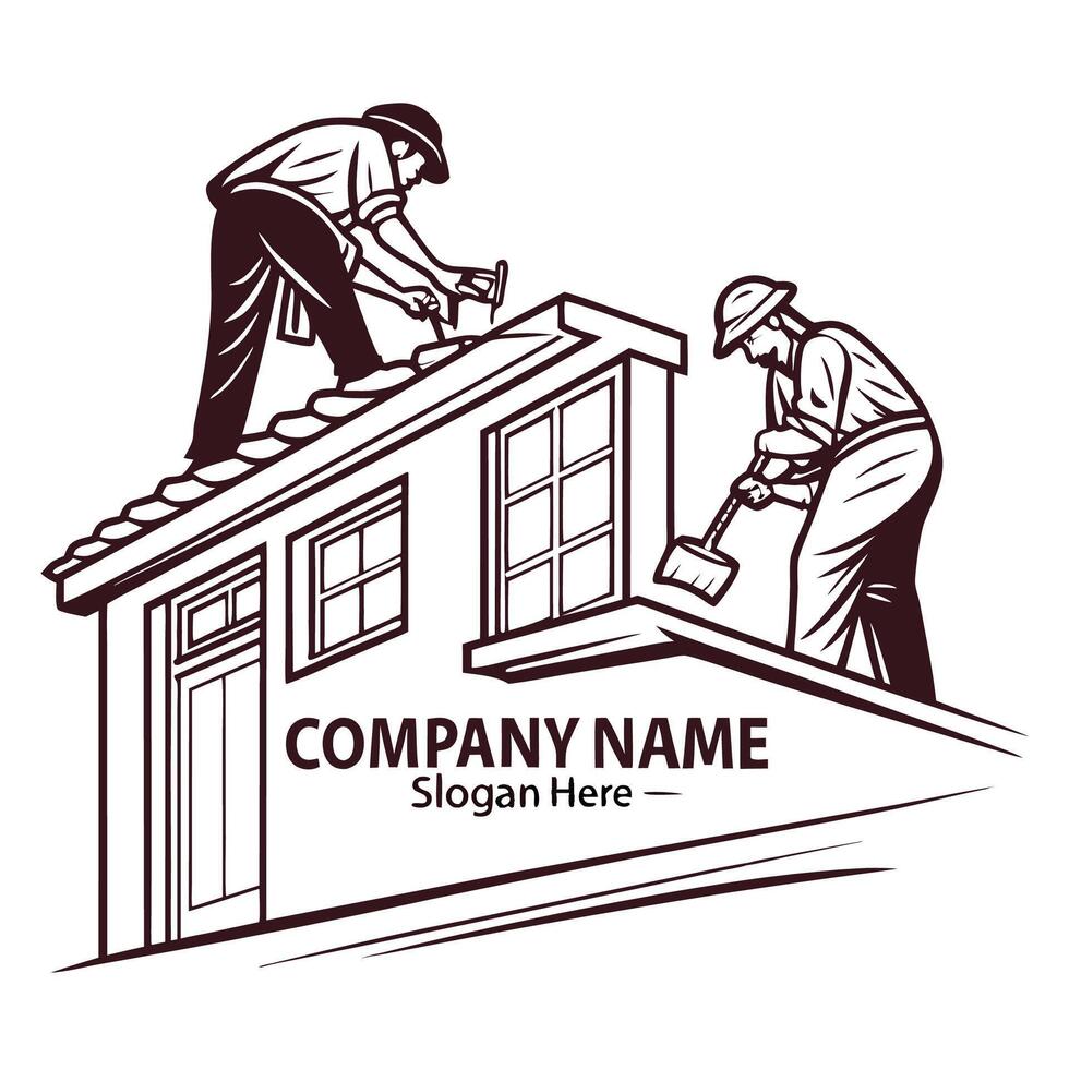 two men working on the roof of a house vector