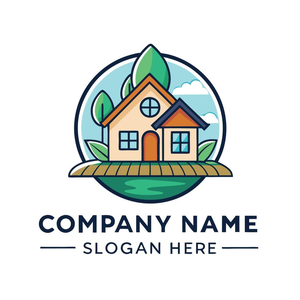 a house logo with a tree and a house on it white background vector