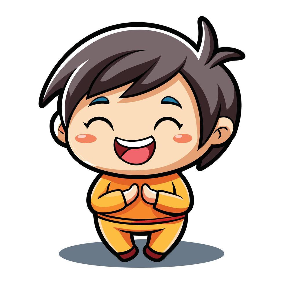 a cartoon boy in orange clothes is smiling white background vector