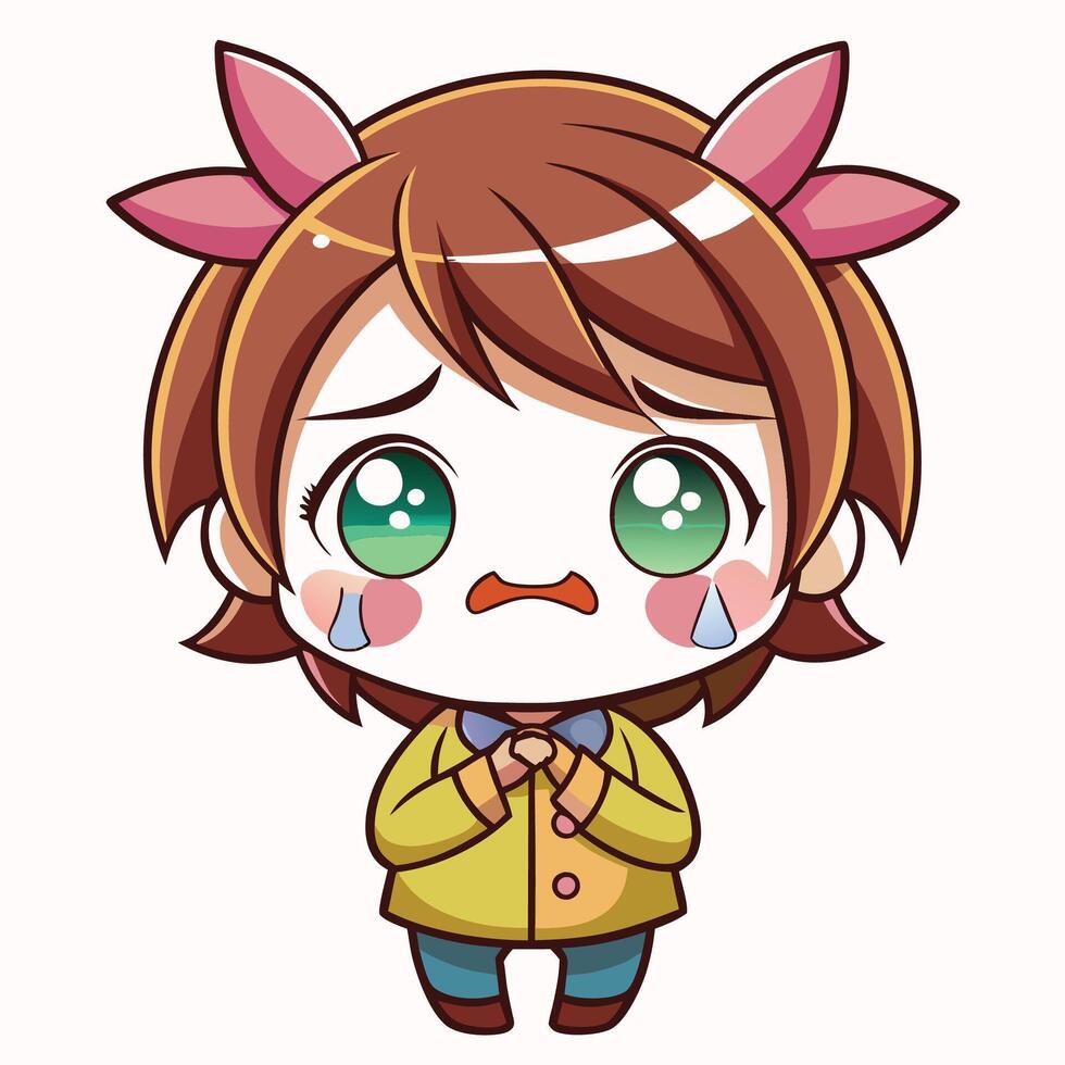a cartoon girl with green eyes and a yellow coat white background vector