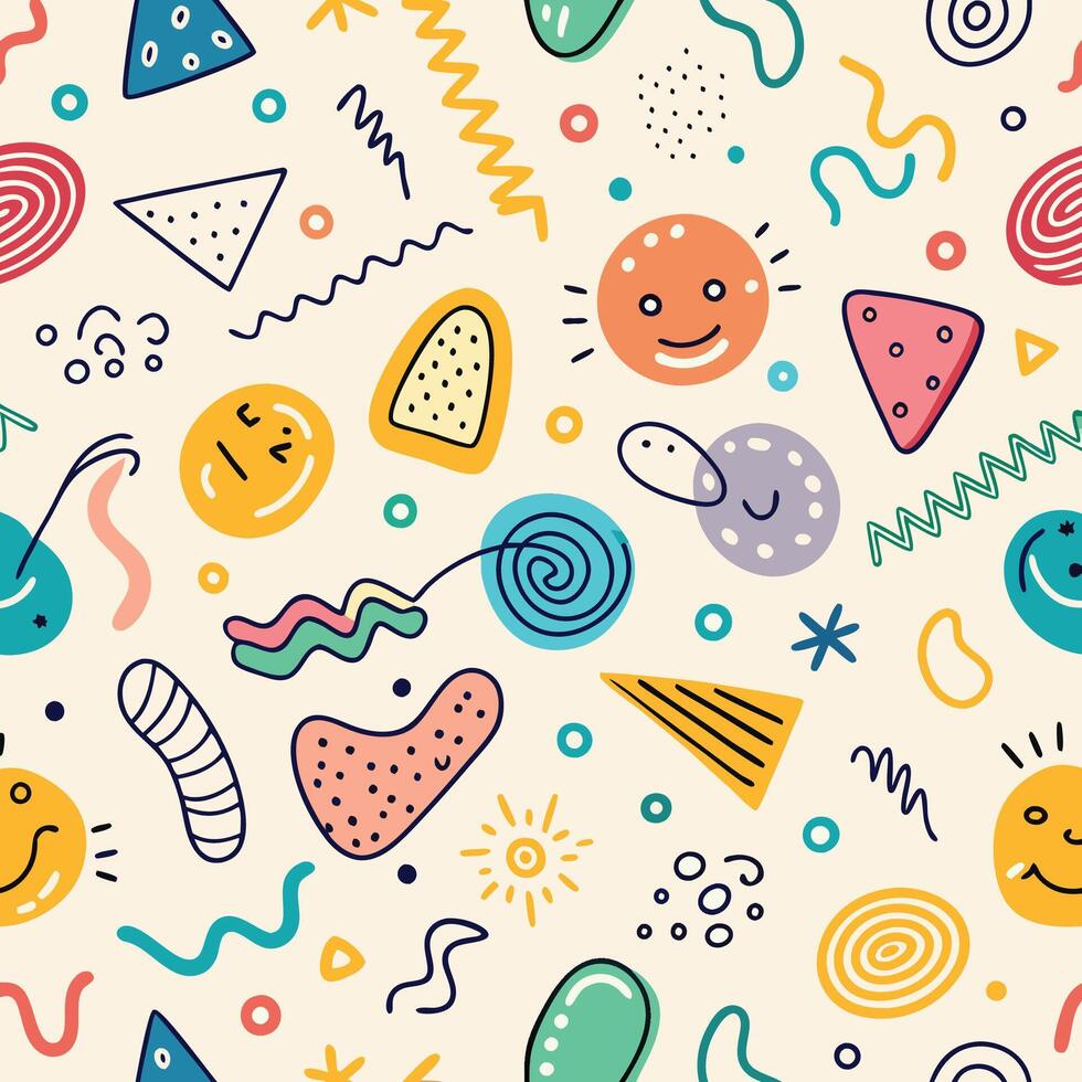 seamless pattern with colorful shapes and symbols white background vector
