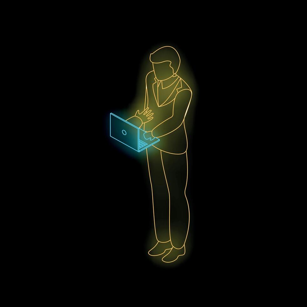 A neon lighted man holding a laptop vector