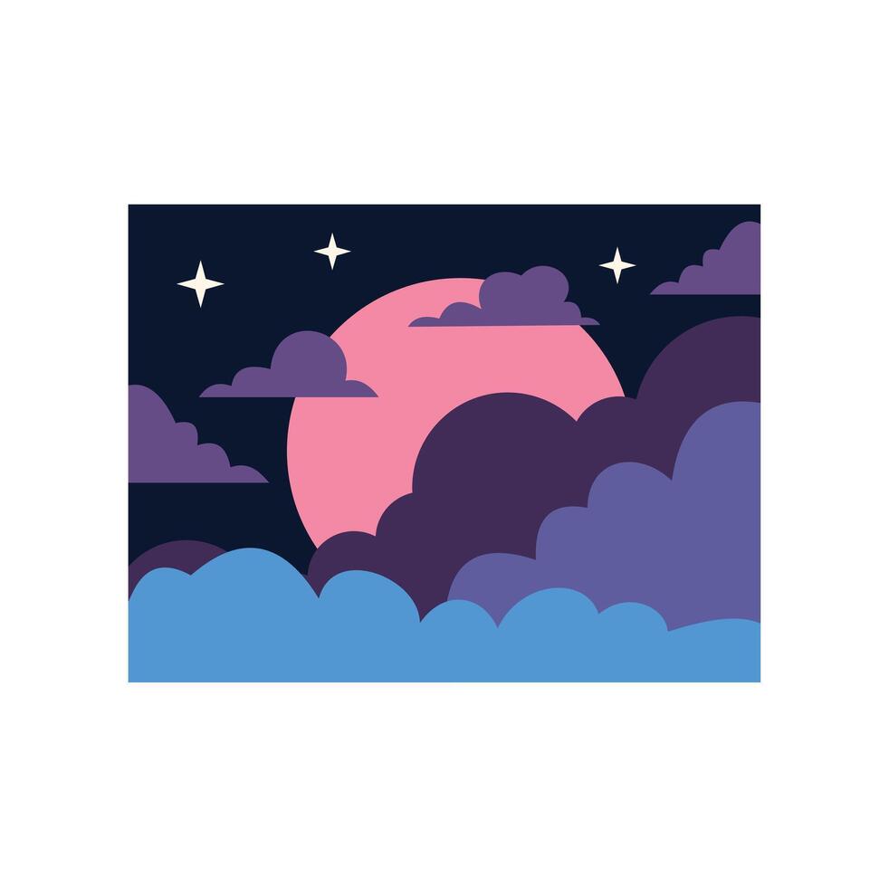 A pink and purple moon in the sky with clouds vector