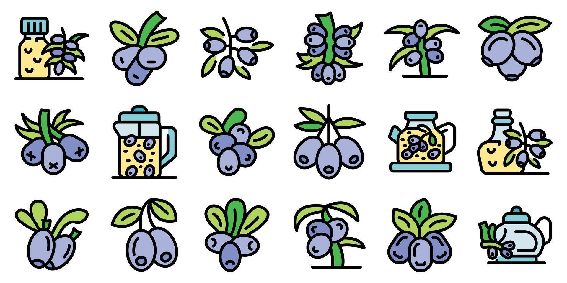 Honeysuckle berries growing on branch and prepared as tea, essential oil and juice icons set vector