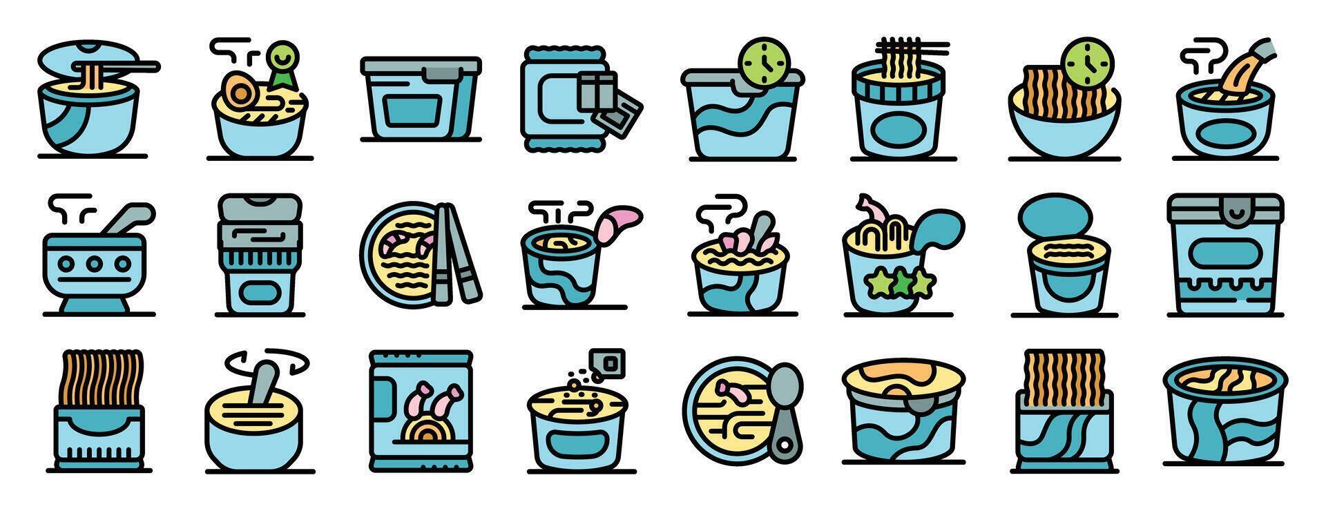 Preparing and eating instant noodles, a colorful icon set vector