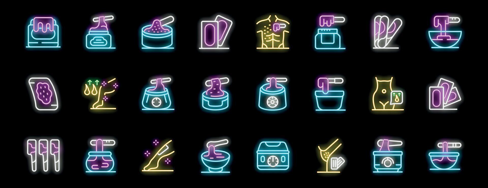 Neon waxing icons showing hair removal process and products vector