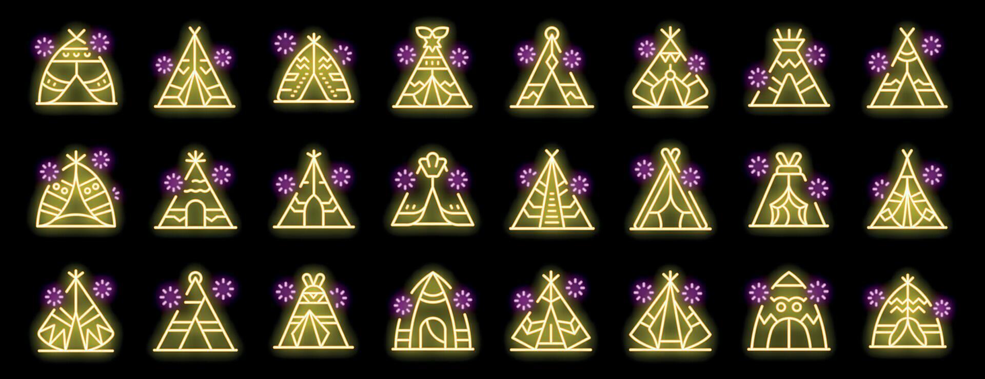 Set of teepee tent icons in neon style glowing on black background vector