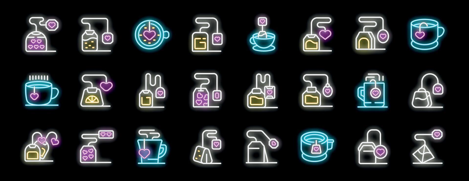 Neon icons of tea bags and cups representing love and affection vector