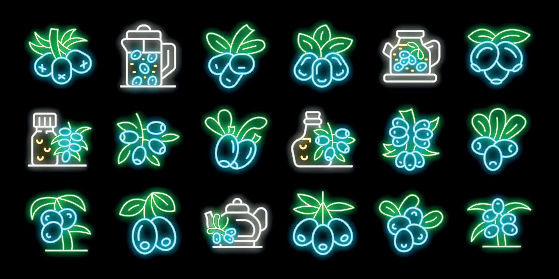 Neon icons representing different aspects of haskap berries, from growth on branches to uses in beverages and oils vector
