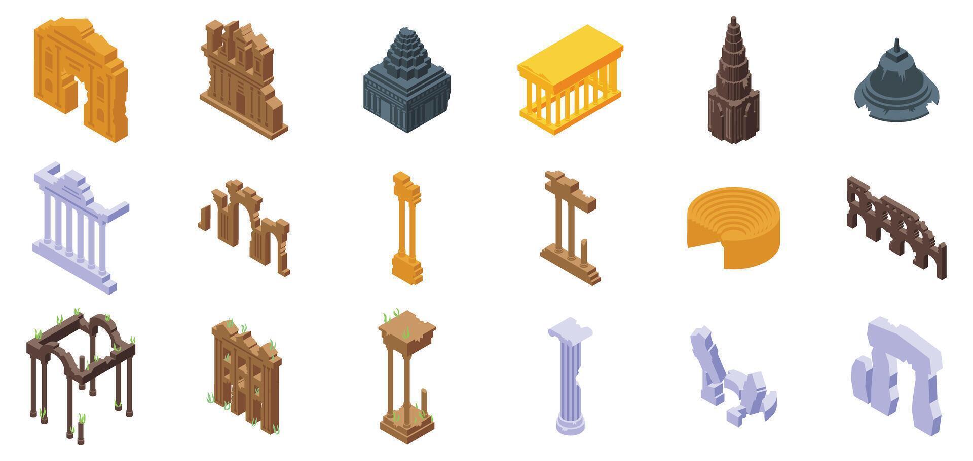 Ancient ruin icons set. Exploring ancient ruins, isometric icons of historic landmarks preserving history vector
