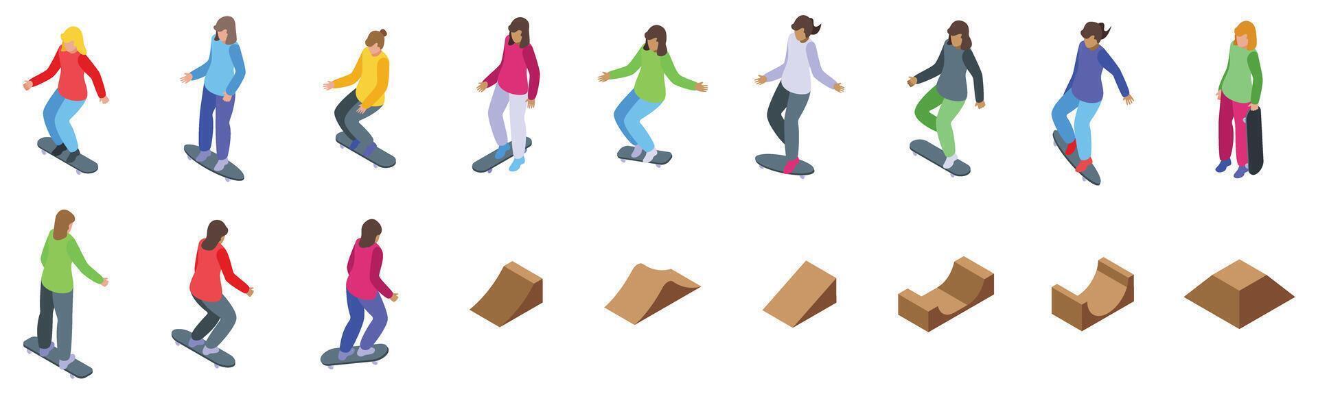 Girl skateboard icons set. Young people skateboarding and skatepark ramps in isometric view vector