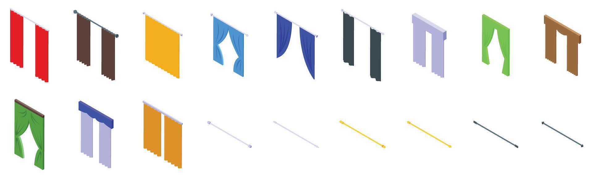 Cornice curtains icons set. Colorful curtains and rods in isometric view showing variety of styles and colors vector