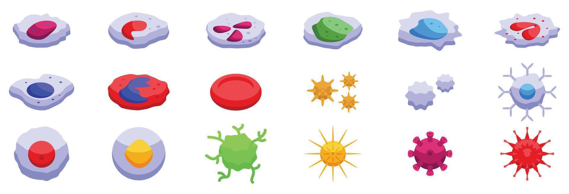 Immune system cells icons set. Blood cells, viruses and bacteria icons representing human biology and immune system vector