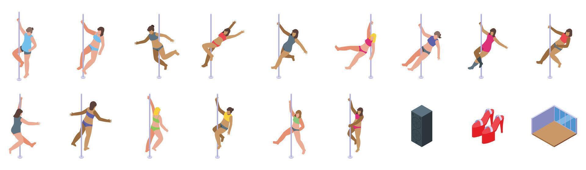 Pole dance icons set. Women pole dancing in different poses, isometric pole dancers performing acrobatics vector
