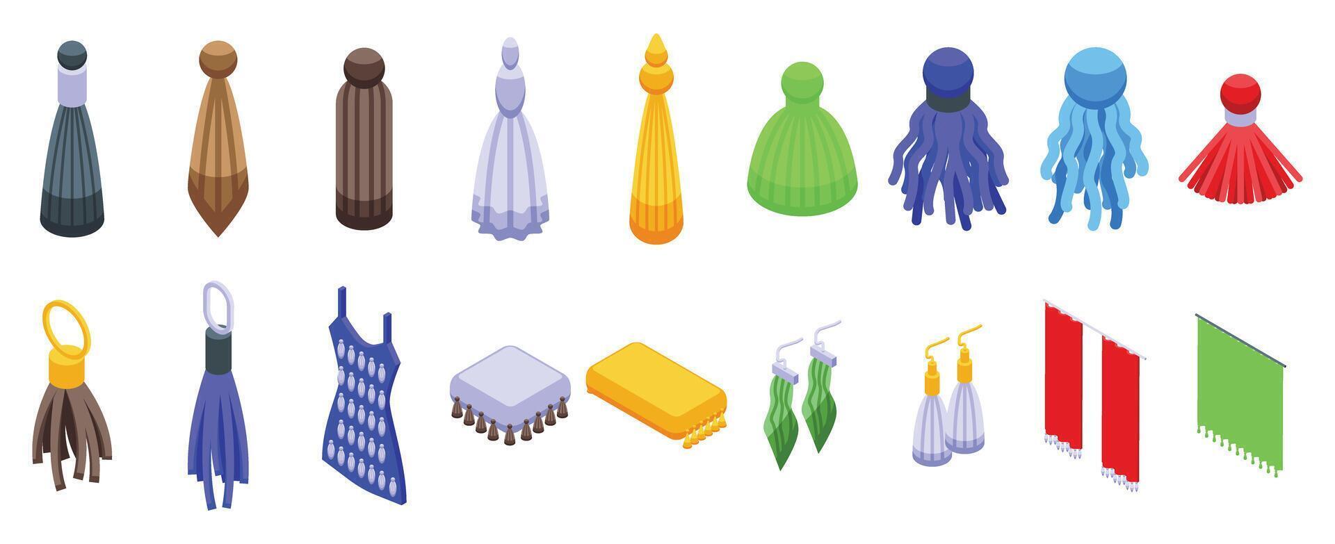 Tassel fringe icons set. Colorful tassels hanging on clothes, curtains, and keychains, isometric view vector