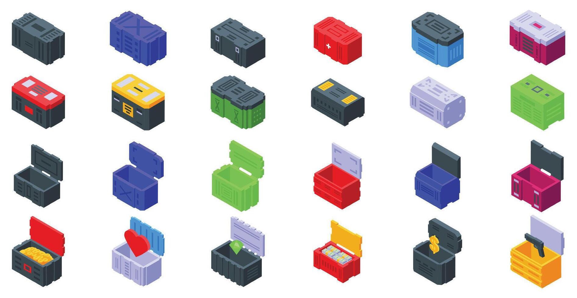 Sci fi boxes icons set. Colorful loot boxes representing rewards and prizes in isometric view vector